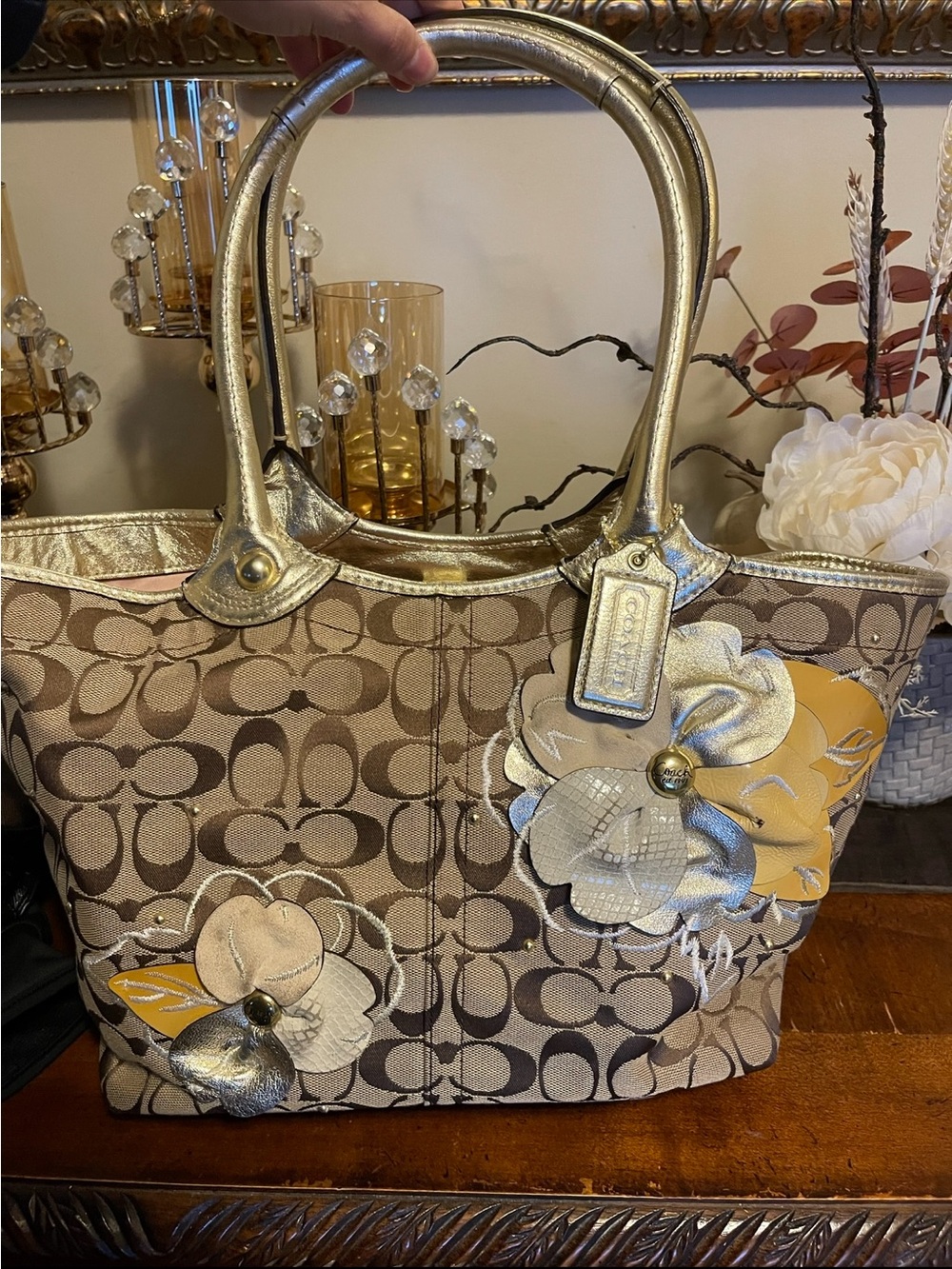 Coach Brown Monogram Tote with Gold Handles and Floral Appliqué